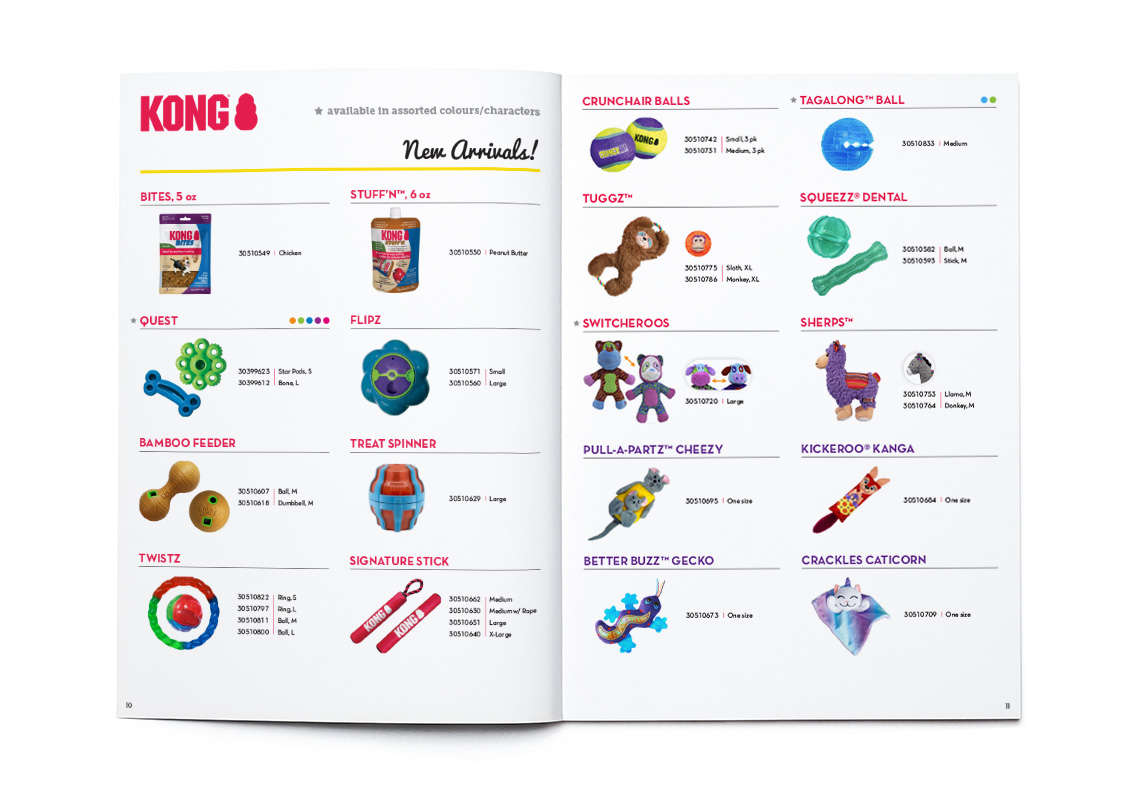 The catalog spread on pages showing animal toy products.